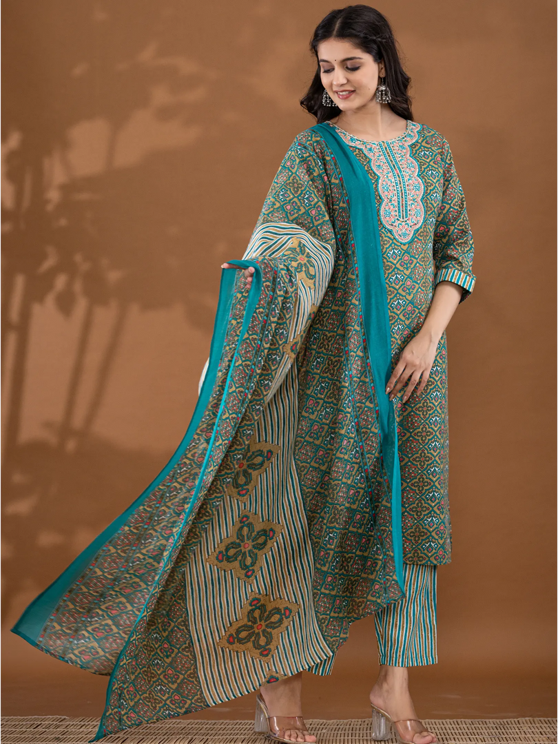 Motif Polycotton Printed & Embroidered Suit Set with Dupatta