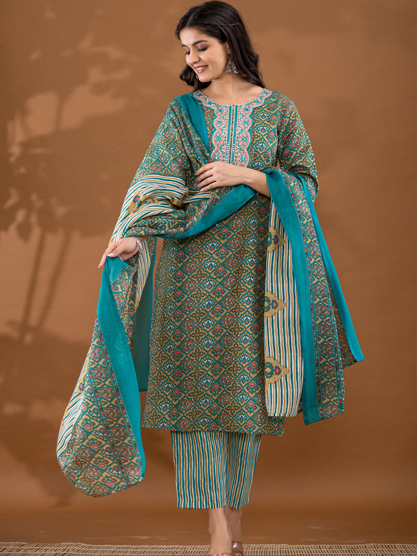 Motif Polycotton Printed & Embroidered Suit Set with Dupatta