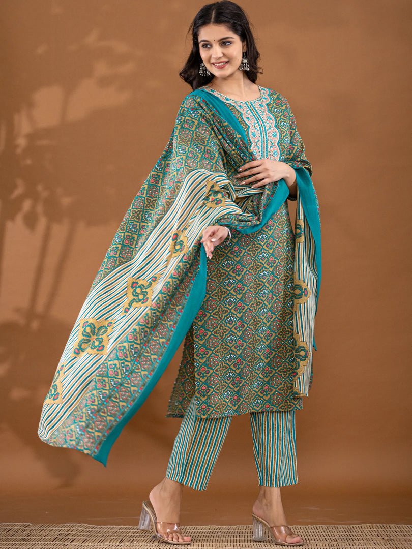 Motif Polycotton Printed & Embroidered Suit Set with Dupatta