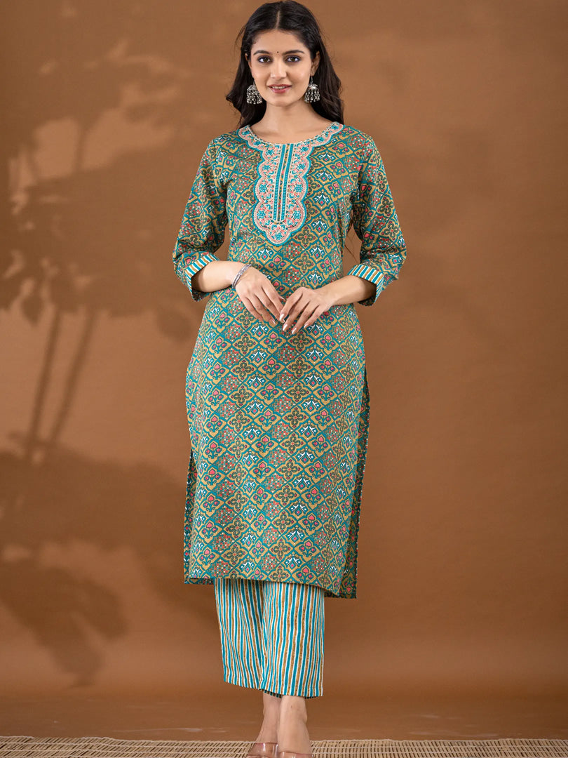 Motif Polycotton Printed & Embroidered Suit Set with Dupatta