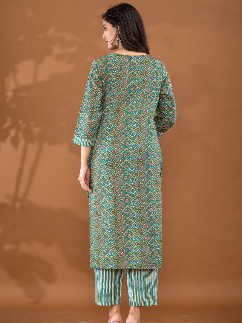Motif Polycotton Printed & Embroidered Suit Set with Dupatta