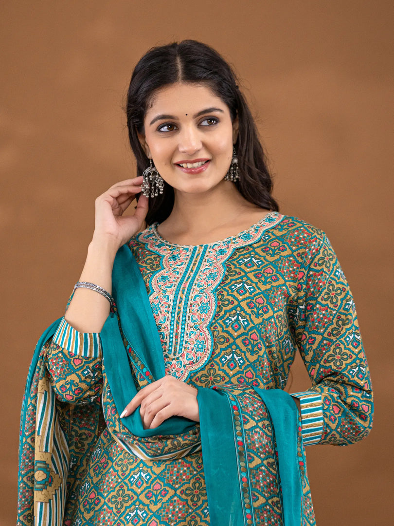 Motif Polycotton Printed & Embroidered Suit Set with Dupatta