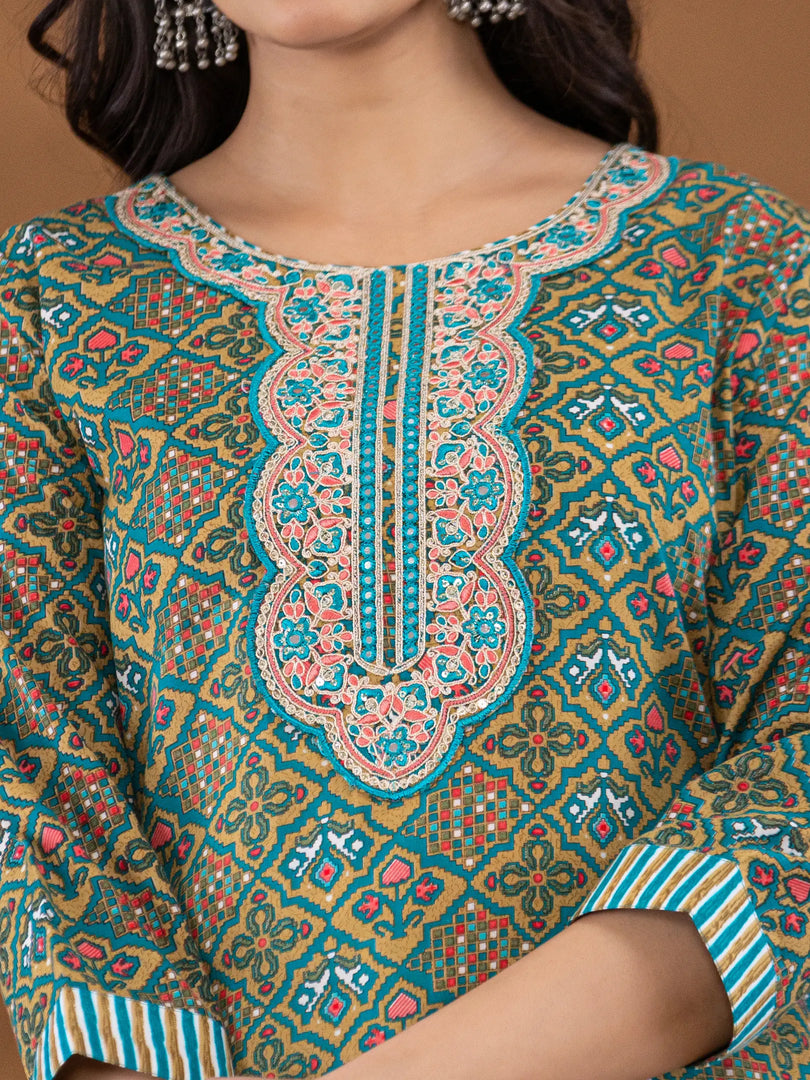 Motif Polycotton Printed & Embroidered Suit Set with Dupatta