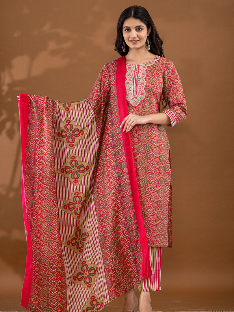 Motif Polycotton Printed & Embroidered Suit Set with Dupatta