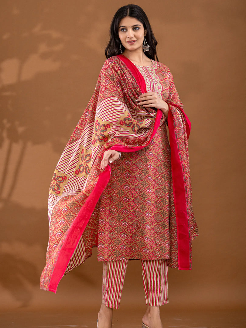 Motif Polycotton Printed & Embroidered Suit Set with Dupatta