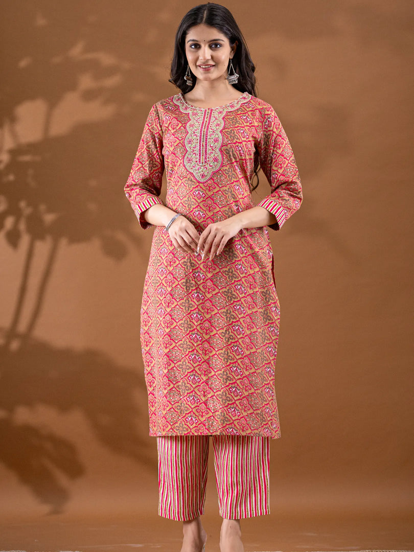 Motif Polycotton Printed & Embroidered Suit Set with Dupatta