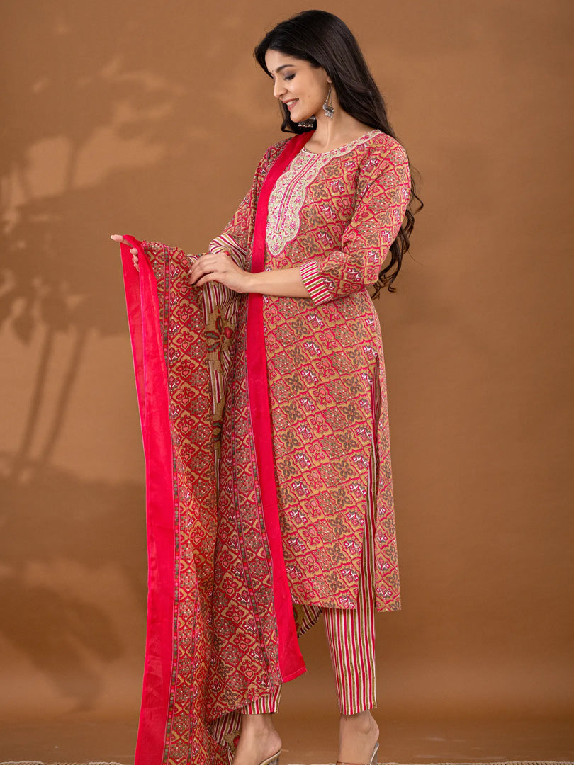Motif Polycotton Printed & Embroidered Suit Set with Dupatta