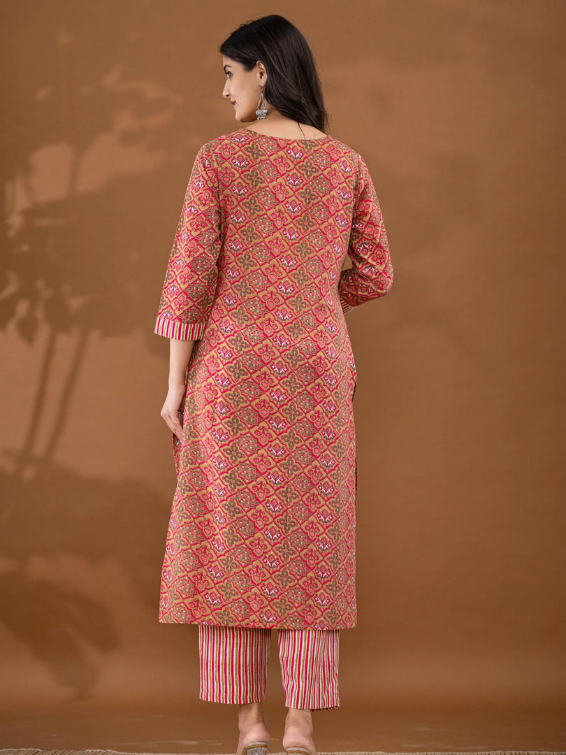Motif Polycotton Printed & Embroidered Suit Set with Dupatta
