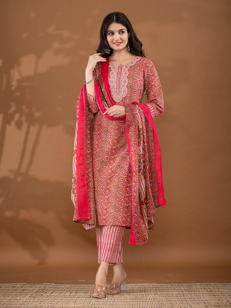 Motif Polycotton Printed & Embroidered Suit Set with Dupatta