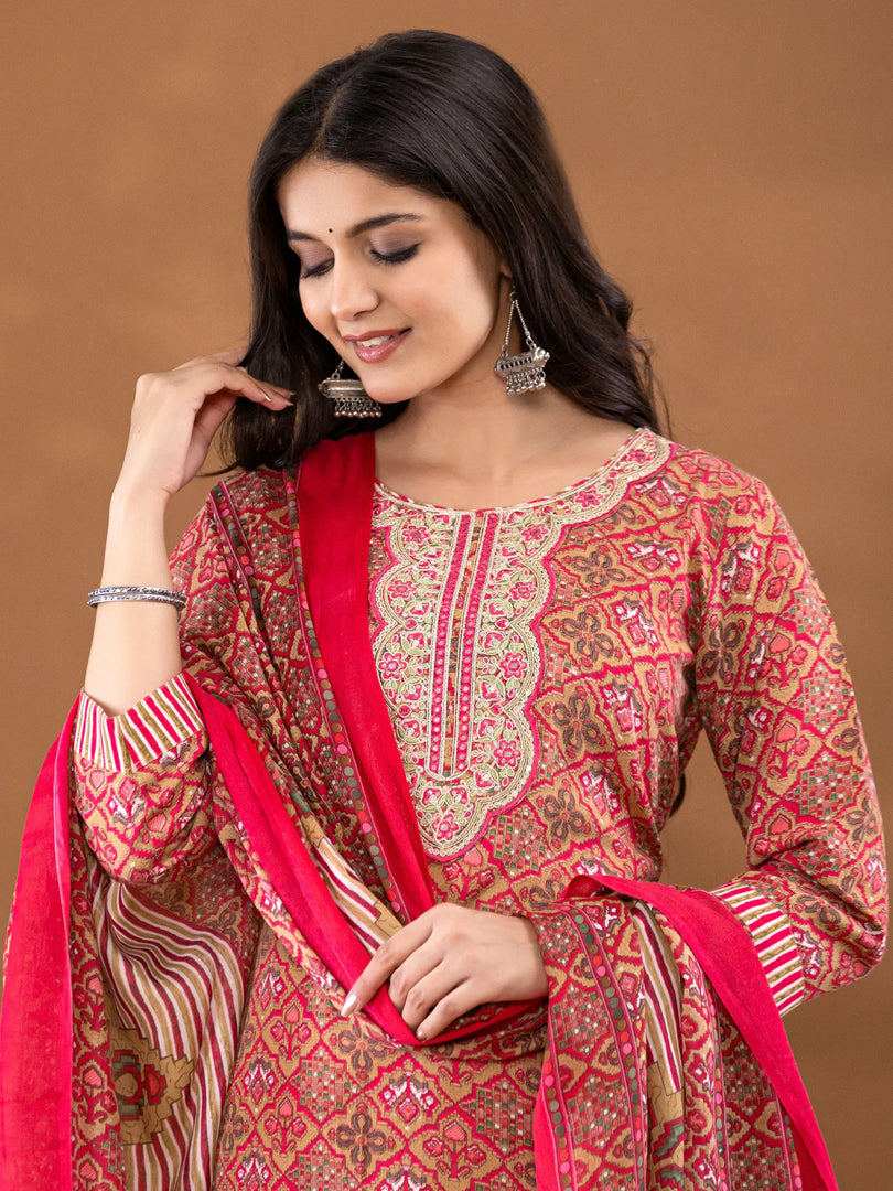 Motif Polycotton Printed & Embroidered Suit Set with Dupatta