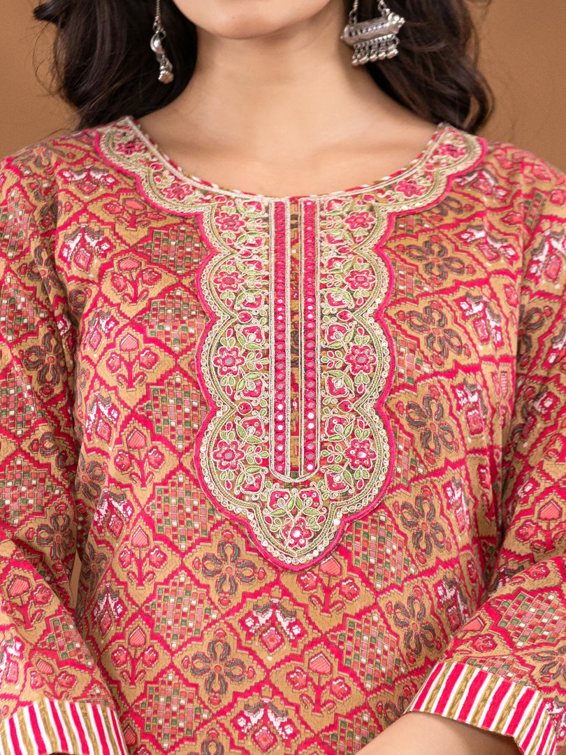 Motif Polycotton Printed & Embroidered Suit Set with Dupatta
