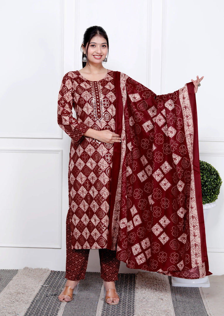 Ethnic Bandhni Print Cotton Suit Set With Dupatta
