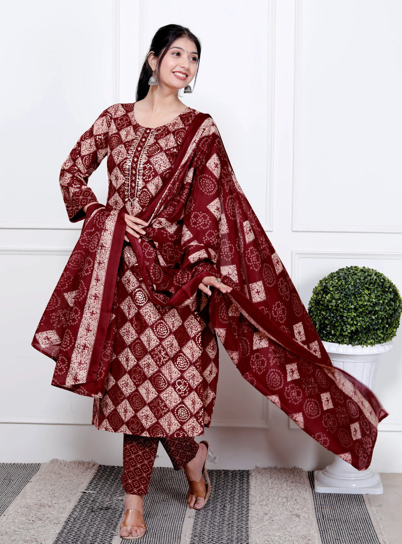 Ethnic Bandhni Print Cotton Suit Set With Dupatta