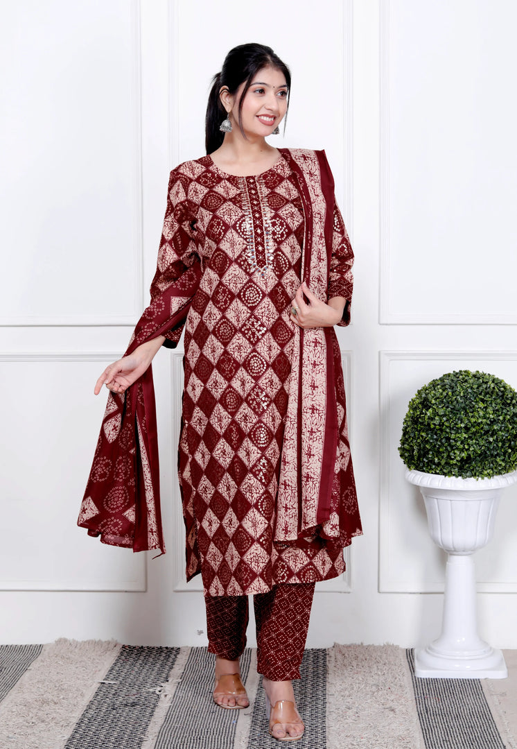 Ethnic Bandhni Print Cotton Suit Set With Dupatta