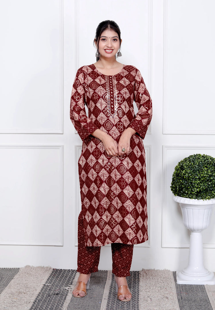 Ethnic Bandhni Print Cotton Suit Set With Dupatta