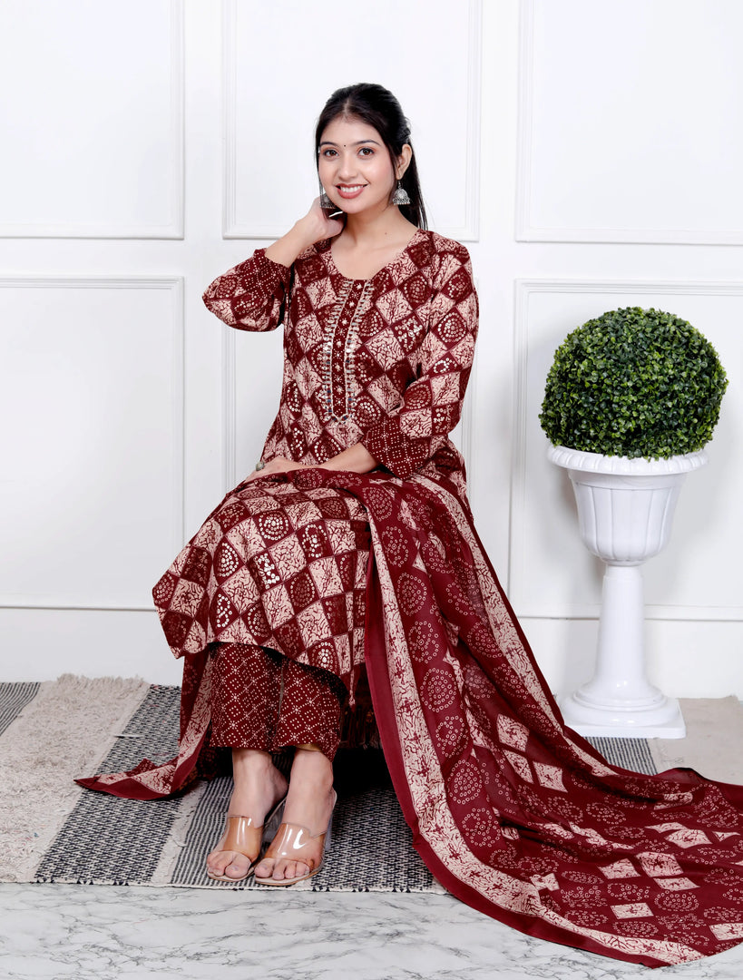 Ethnic Bandhni Print Cotton Suit Set With Dupatta