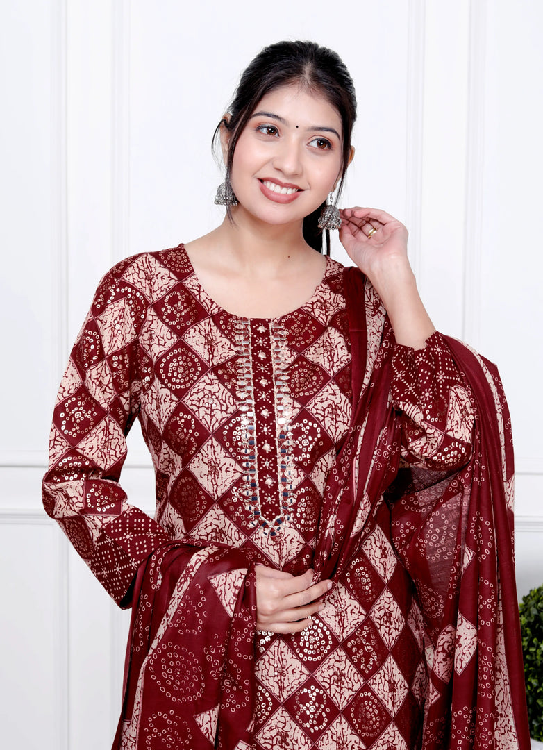 Ethnic Bandhni Print Cotton Suit Set With Dupatta