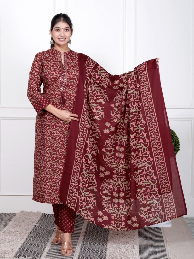 Ethnic Stitched Floral Printed Cotton Blend Suit Set with Dupatta