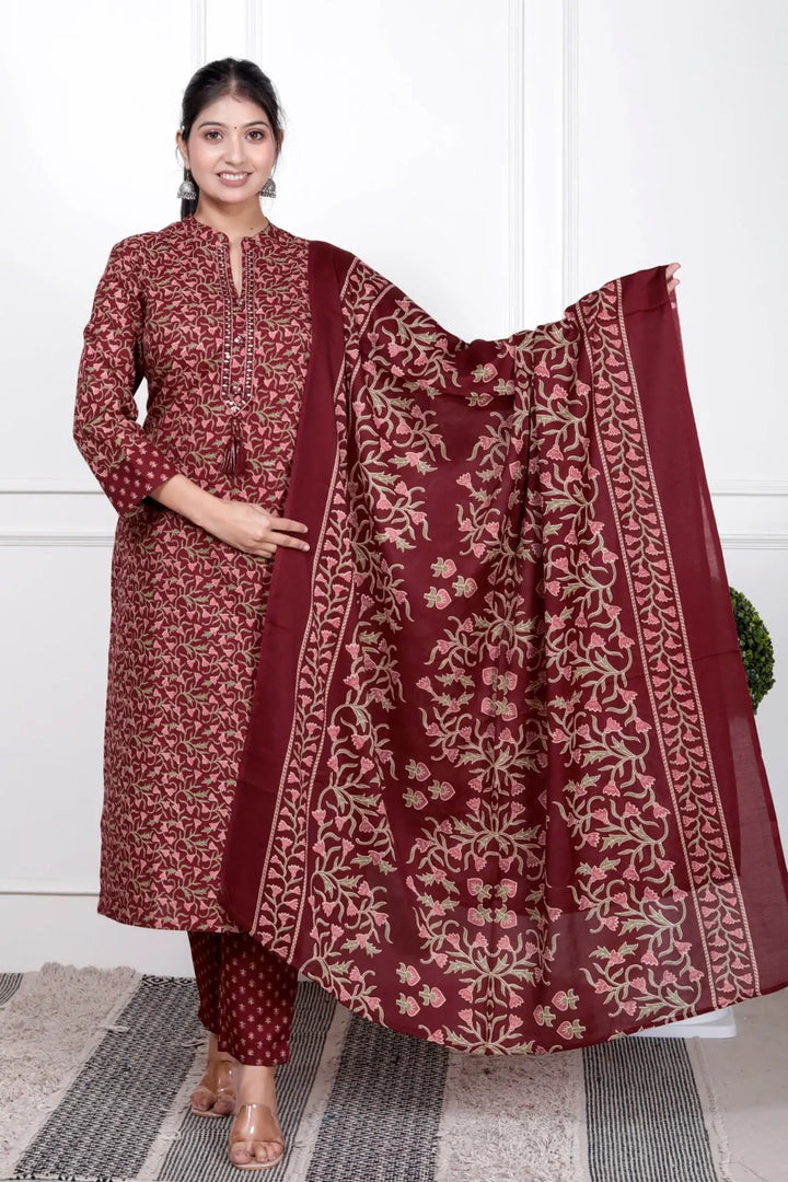 Ethnic Stitched Floral Printed Cotton Blend Suit Set with Dupatta