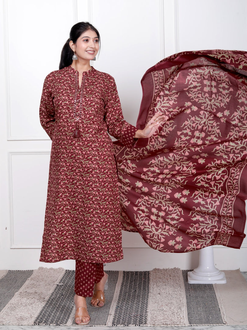 Ethnic Stitched Floral Printed Cotton Blend Suit Set with Dupatta