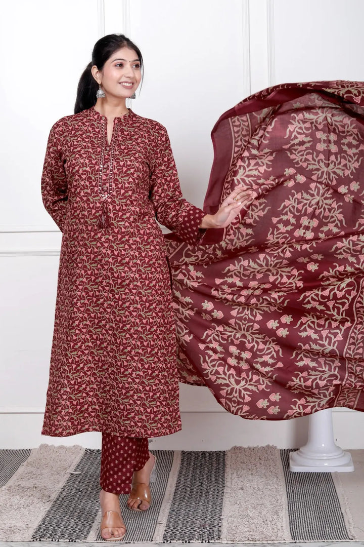 Ethnic Stitched Floral Printed Cotton Blend Suit Set with Dupatta