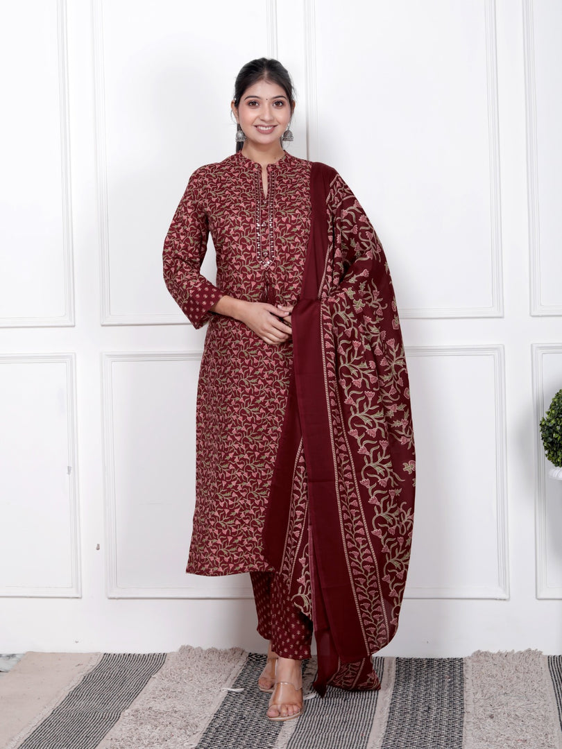 Ethnic Stitched Floral Printed Cotton Blend Suit Set with Dupatta