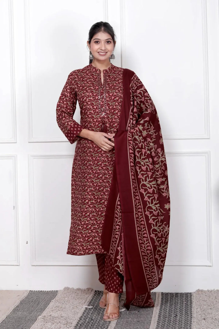 Ethnic Stitched Floral Printed Cotton Blend Suit Set with Dupatta