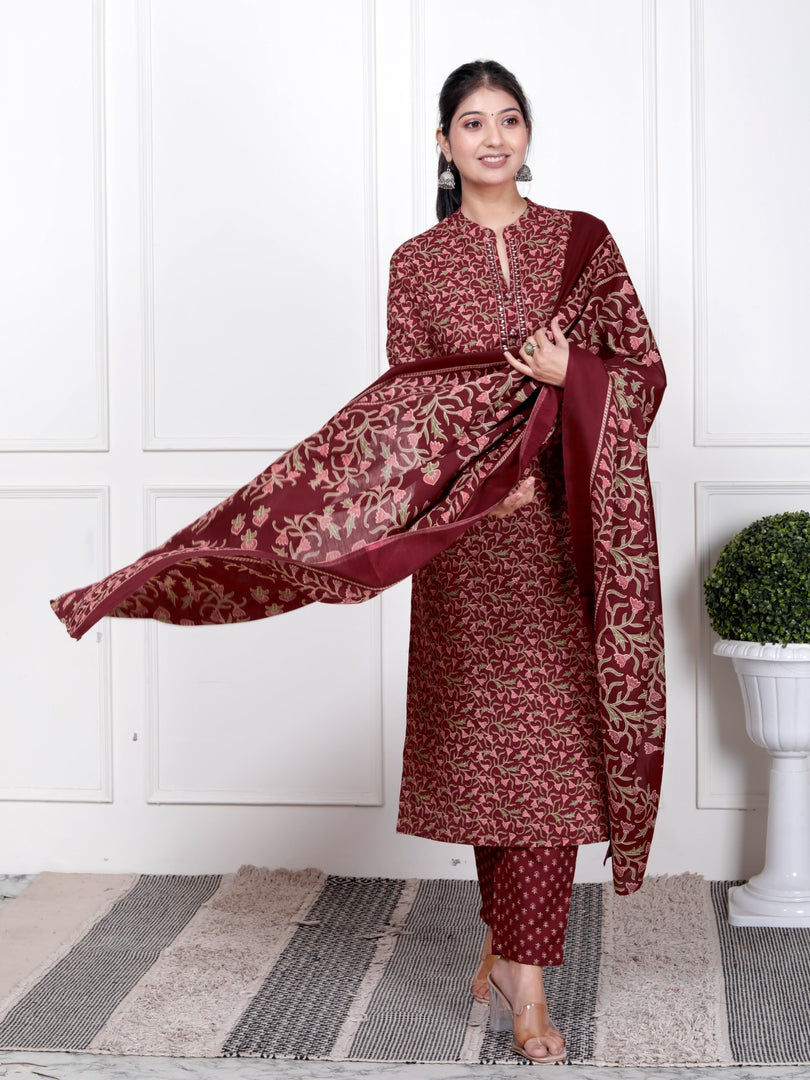 Ethnic Stitched Floral Printed Cotton Blend Suit Set with Dupatta