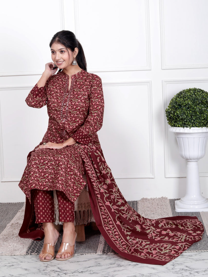 Ethnic Stitched Floral Printed Cotton Blend Suit Set with Dupatta