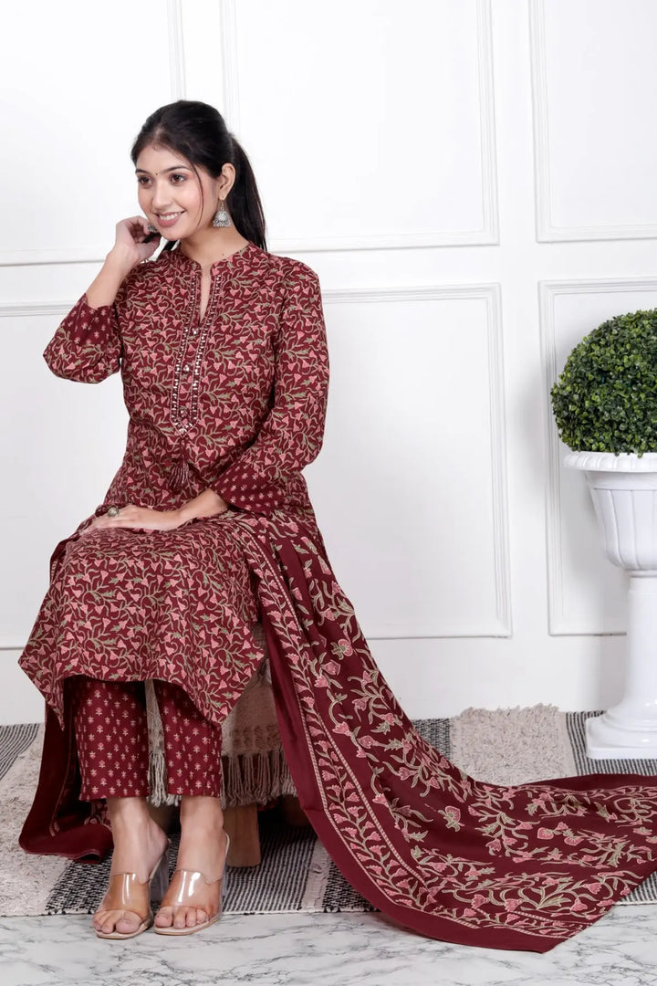 Ethnic Stitched Floral Printed Cotton Blend Suit Set with Dupatta