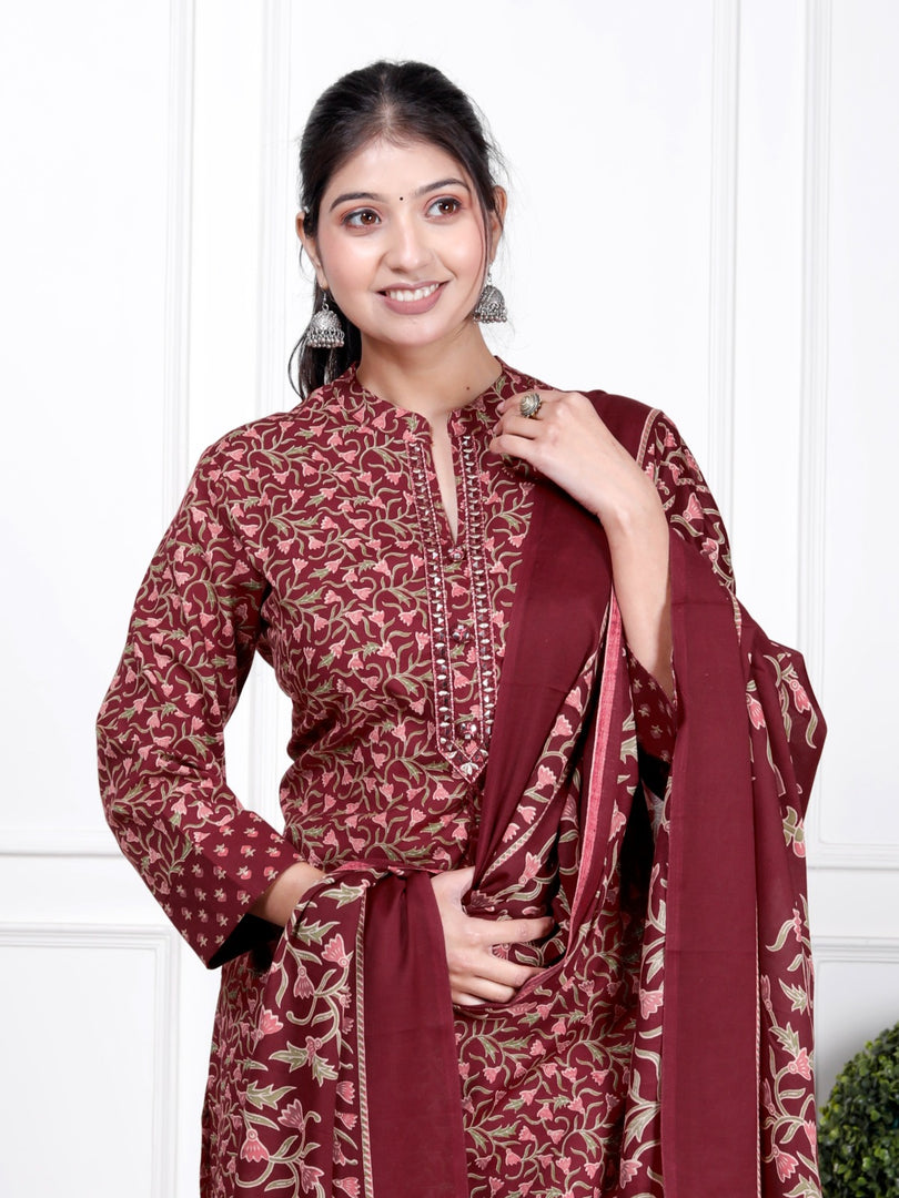 Ethnic Stitched Floral Printed Cotton Blend Suit Set with Dupatta
