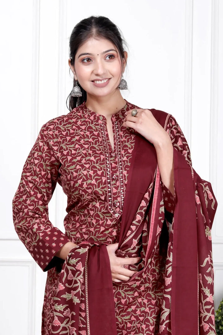 Ethnic Stitched Floral Printed Cotton Blend Suit Set with Dupatta