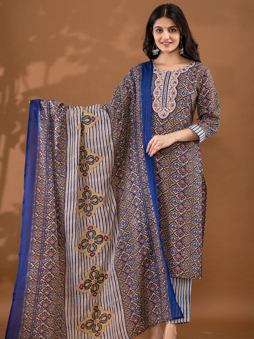 Motif Polycotton Printed & Embroidered Suit Set with Dupatta
