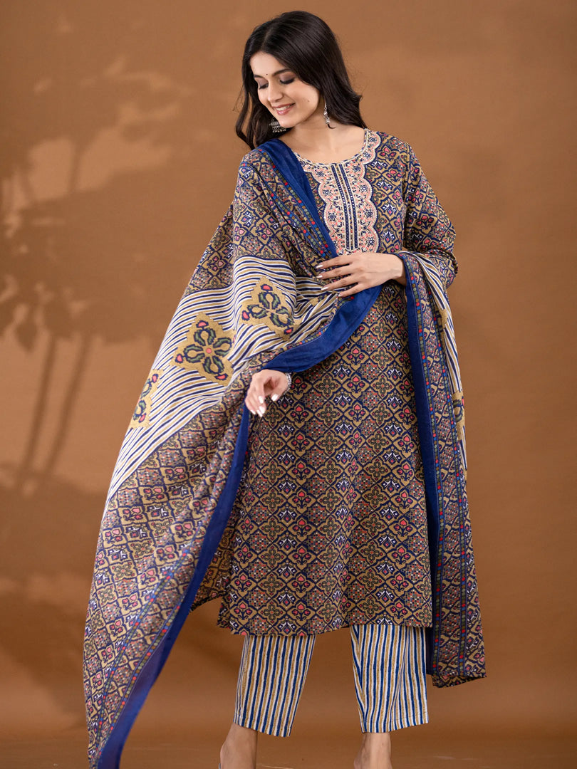Motif Polycotton Printed & Embroidered Suit Set with Dupatta