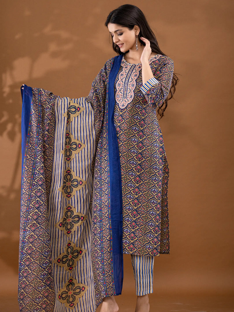 Motif Polycotton Printed & Embroidered Suit Set with Dupatta