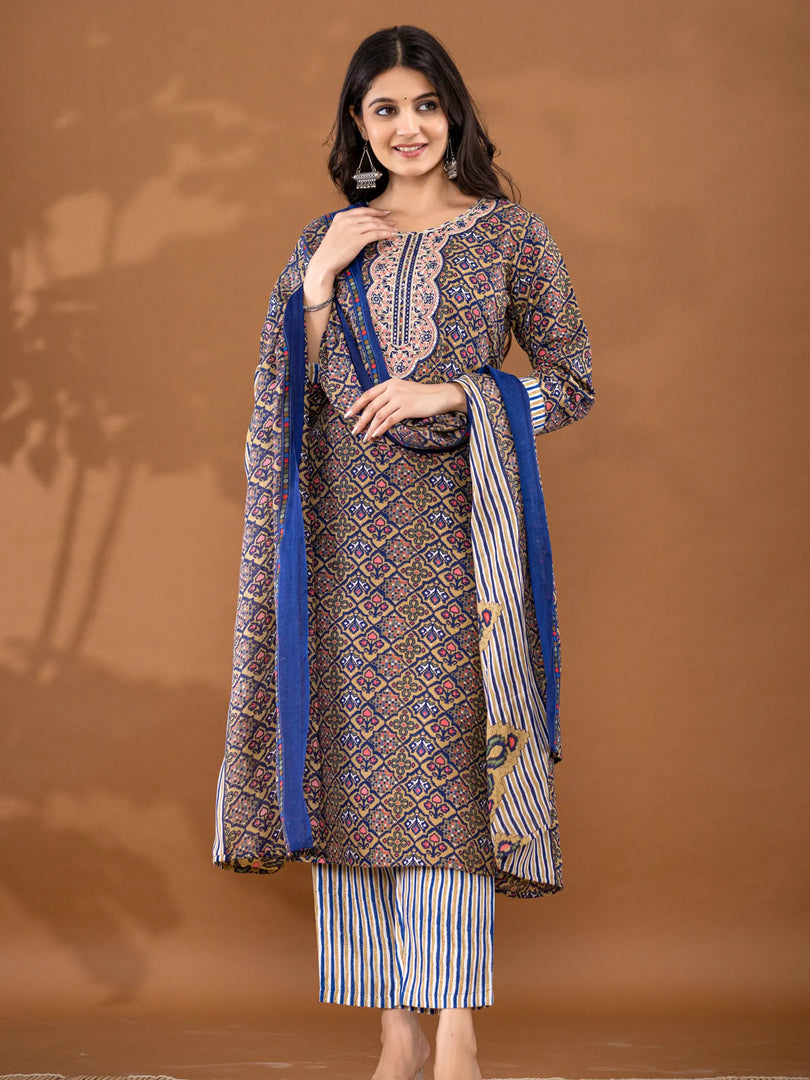 Motif Polycotton Printed & Embroidered Suit Set with Dupatta
