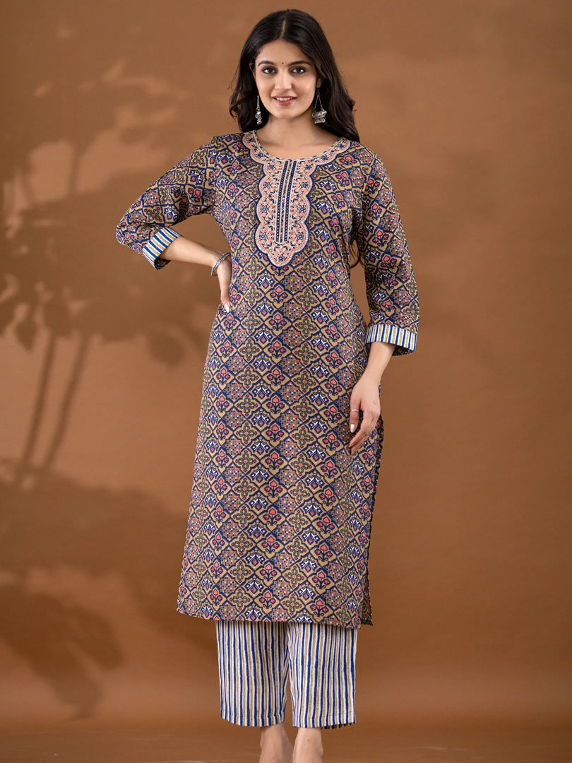 Motif Polycotton Printed & Embroidered Suit Set with Dupatta