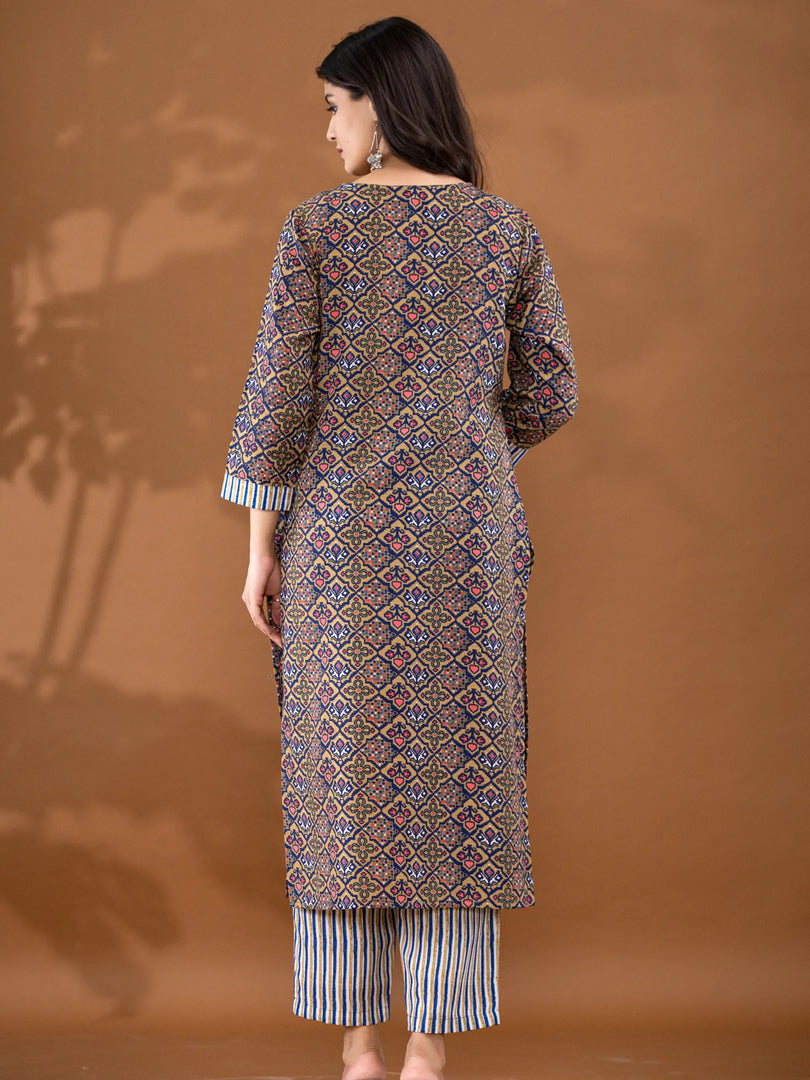 Motif Polycotton Printed & Embroidered Suit Set with Dupatta