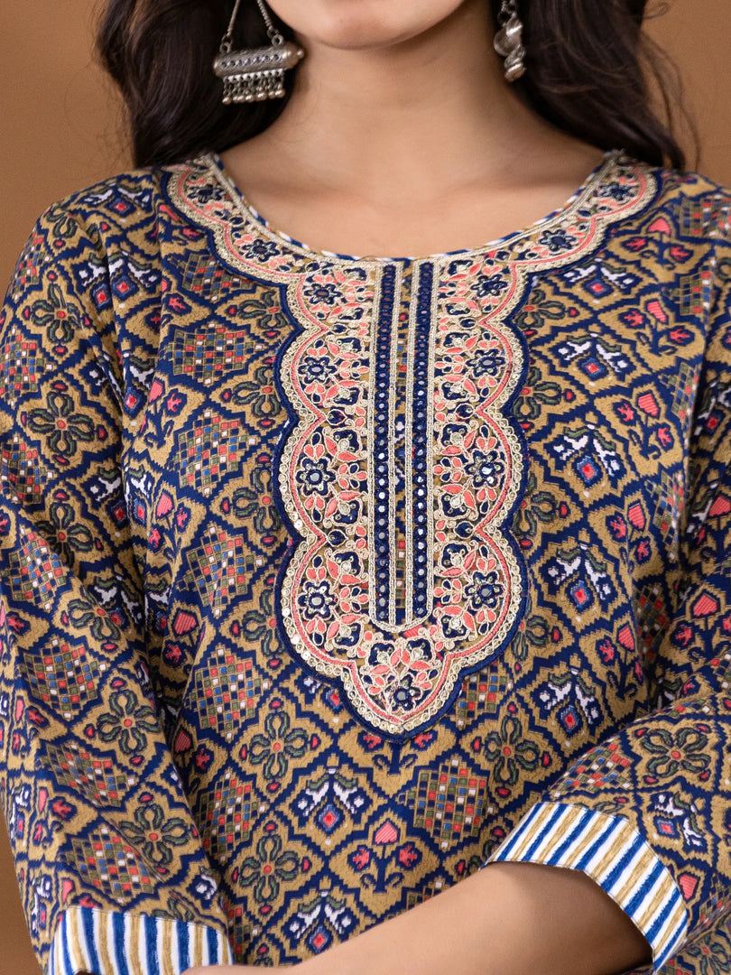 Motif Polycotton Printed & Embroidered Suit Set with Dupatta