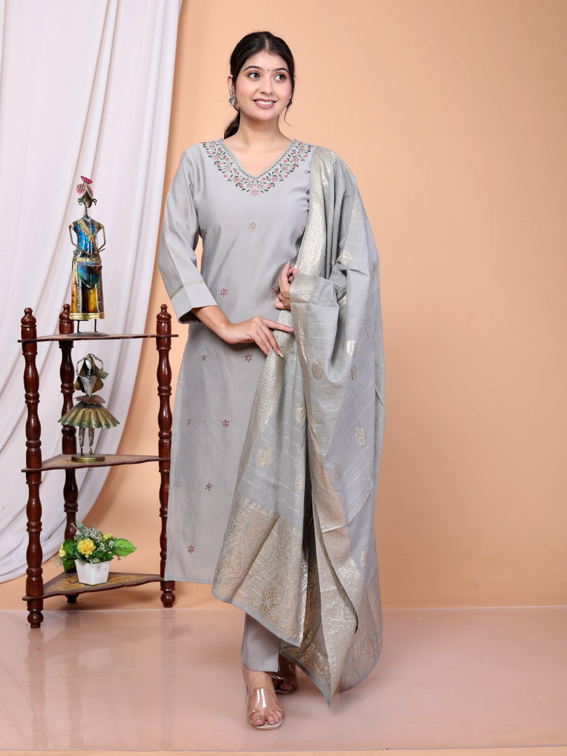 Grey Woven Design Roman Silk Blend Straight Kurta Set With Dupatta