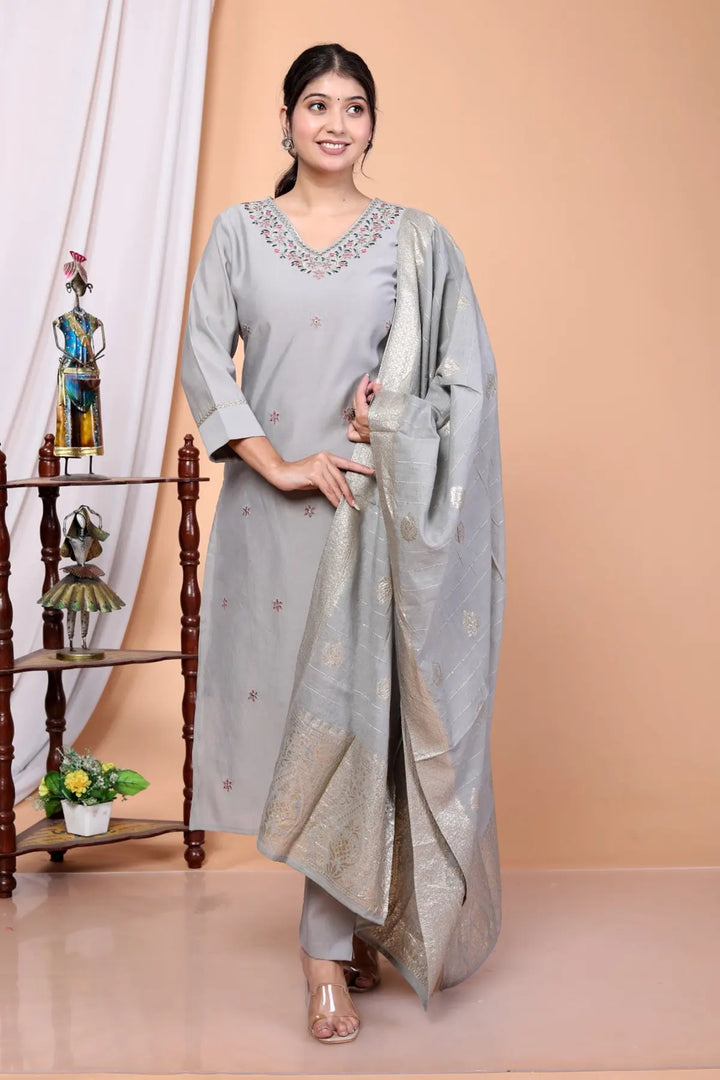 Grey Woven Design Roman Silk Blend Straight Kurta Set With Dupatta