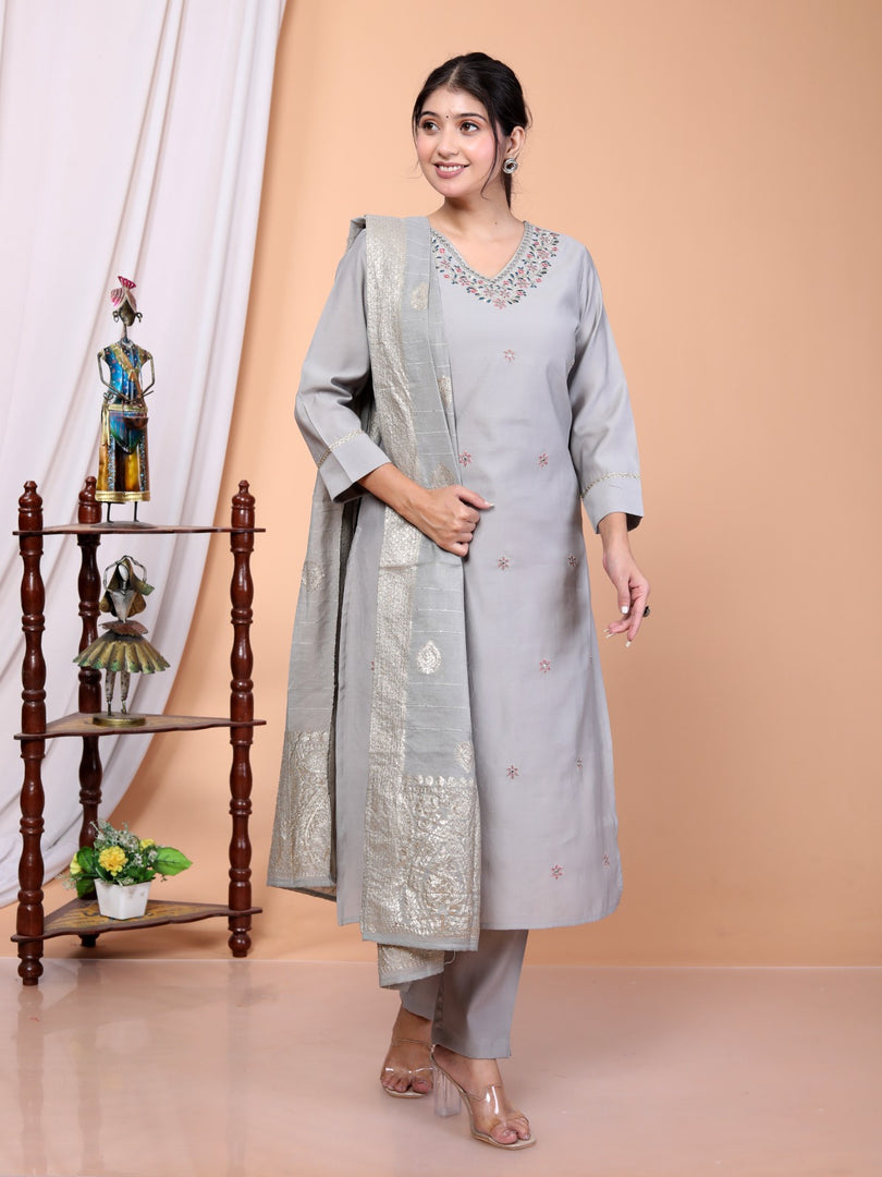 Grey Woven Design Roman Silk Blend Straight Kurta Set With Dupatta