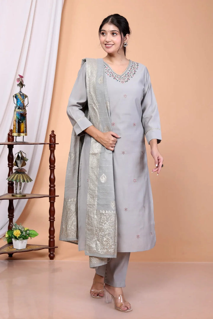 Grey Woven Design Roman Silk Blend Straight Kurta Set With Dupatta