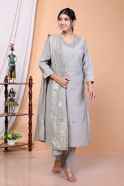 Grey Woven Design Roman Silk Blend Straight Kurta Set With Dupatta