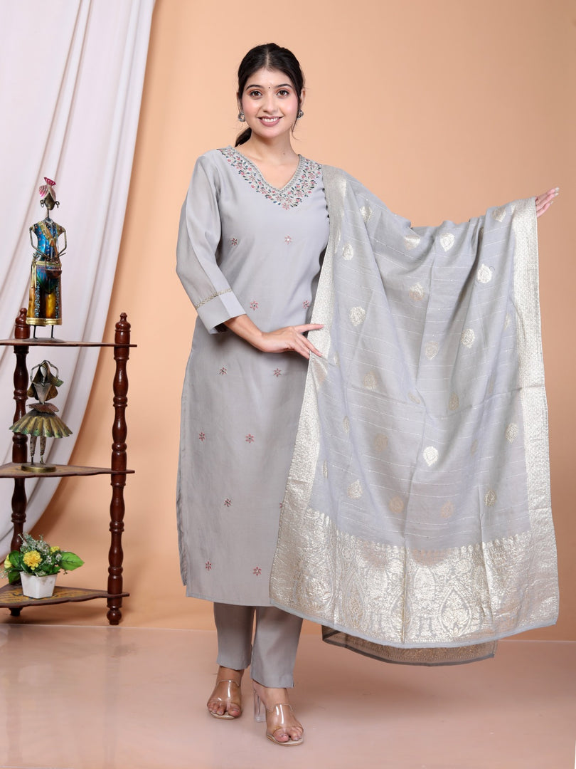 Grey Woven Design Roman Silk Blend Straight Kurta Set With Dupatta