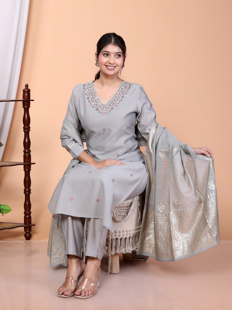 Grey Woven Design Roman Silk Blend Straight Kurta Set With Dupatta