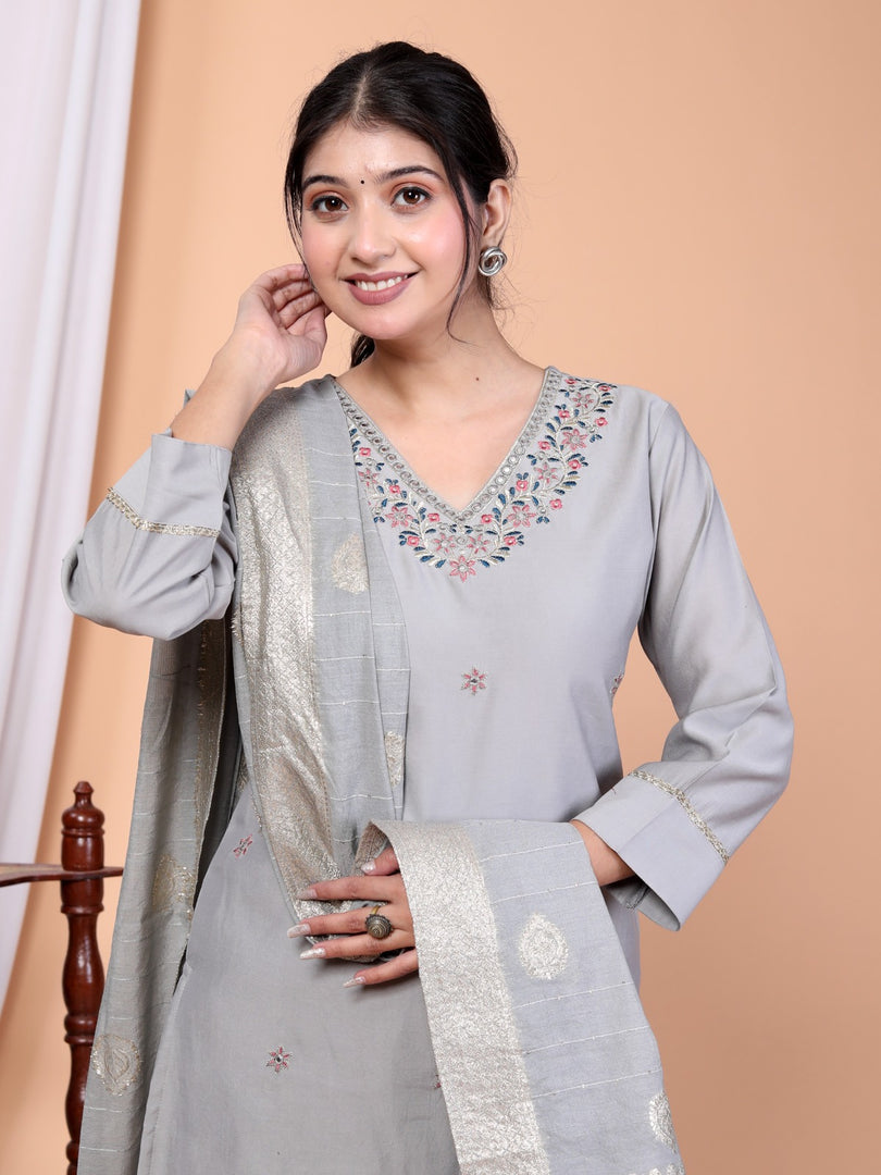Grey Woven Design Roman Silk Blend Straight Kurta Set With Dupatta