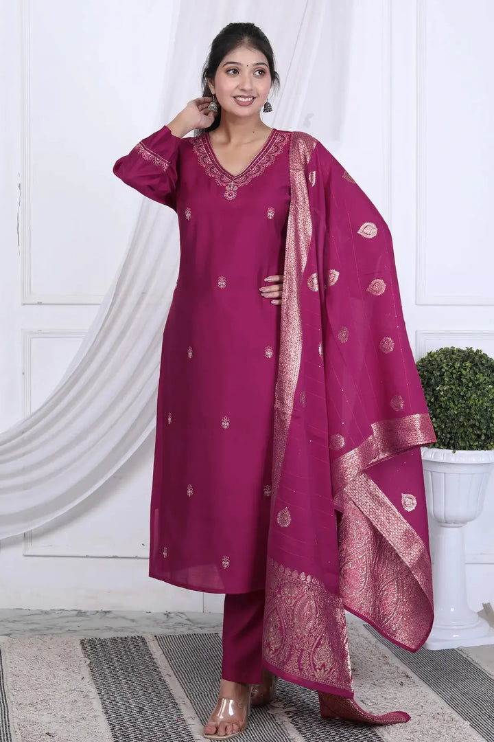 Stylee Wine Roman Silk Jacquard Kurta Set with Duptta