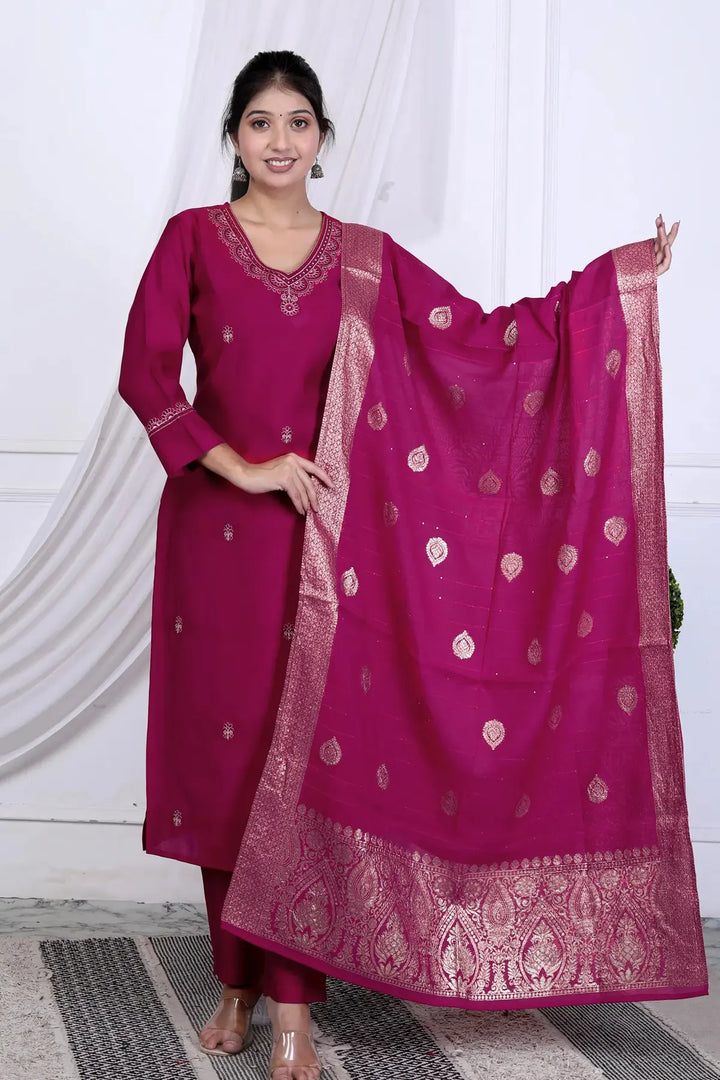 Stylee Wine Roman Silk Jacquard Kurta Set with Duptta