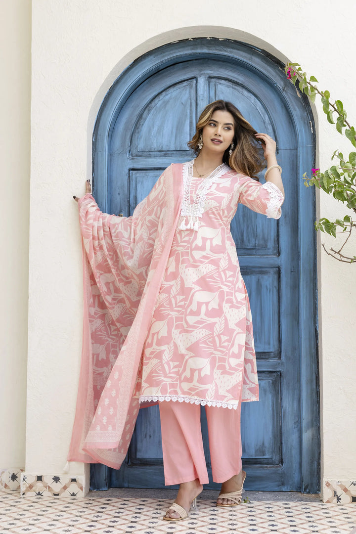 Cotton Printed A-Line Neck with Lace Work Kurta With Pant And Dupatta Suit Set